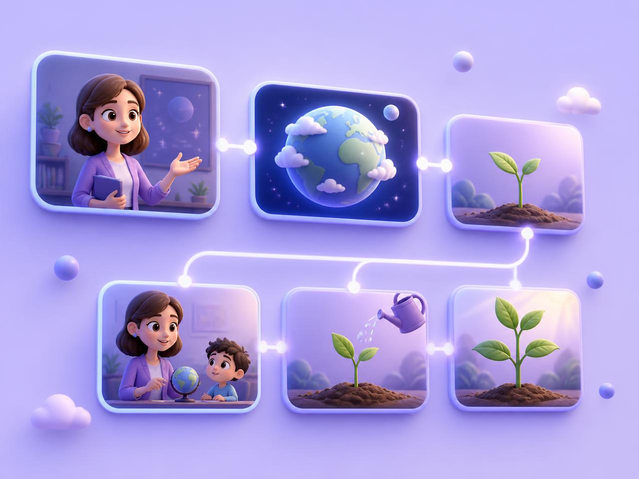 Storyboard of animated educational story scenes generated from a lesson